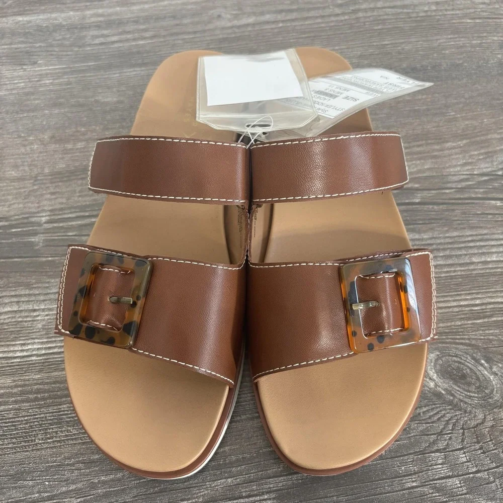 New! Denver Hayes Jillian Slide Sandal Shoes Womens Size 9W Brown Buckle Strap